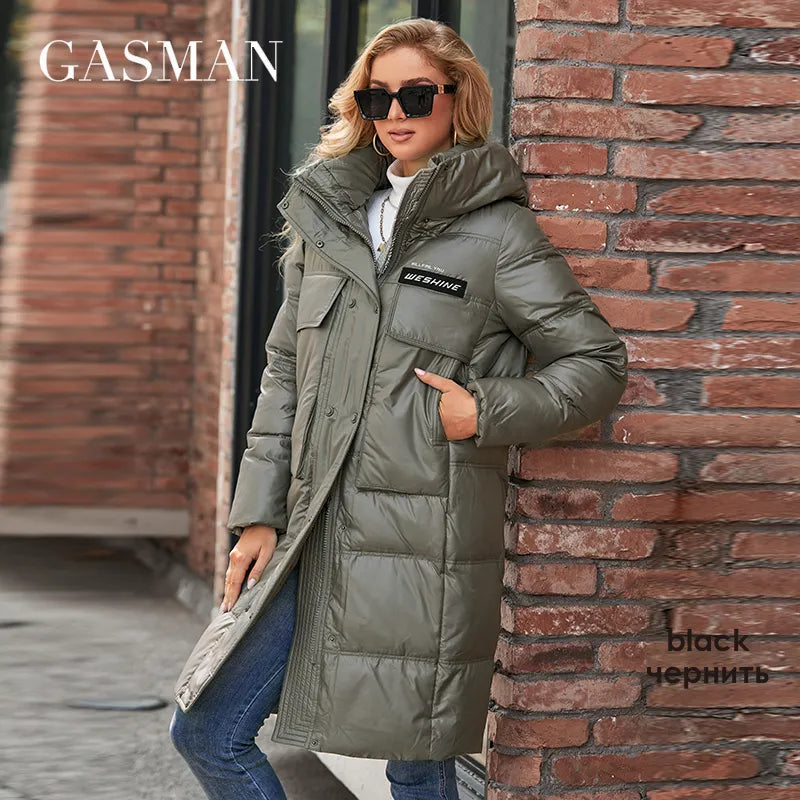 GASMAN Winter Down Jacket Women Warm Long Classic zipper Belt Design Pocket Hooded Slim Parkas Female Coat MG-81037
